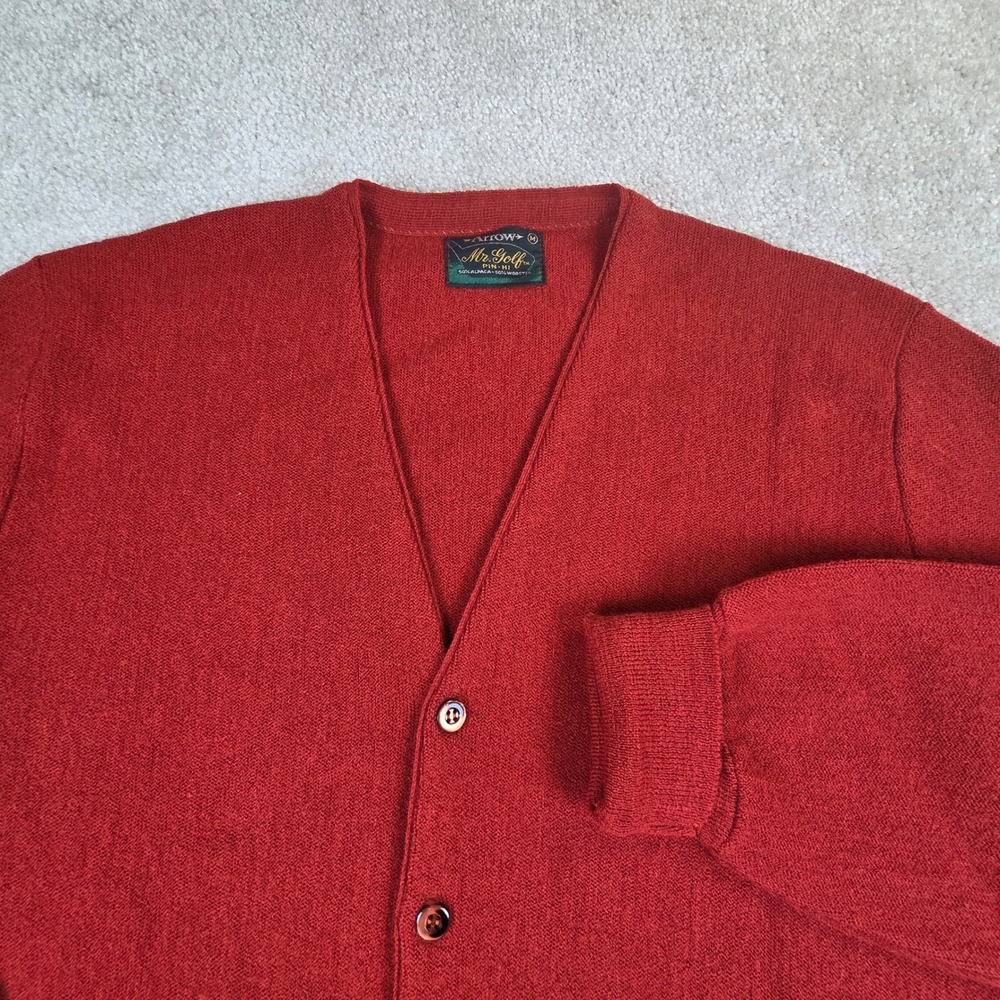 Vintage Arrow Mr Golf Red Orange Alpaca Wool Cardigan Sweater Mens Medium V-Neck
